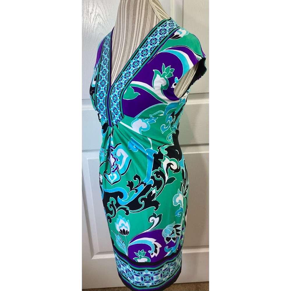 CACHE Blue/Green Baroque Print Mini Sheath Vacation Resort Dress~Small - Picture 3 of 6